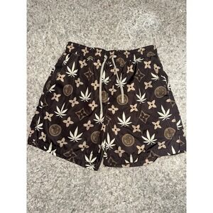 Maison Article Swim Trunks Small Brown Leaf Monogram Print Shorts Marijuana Swim